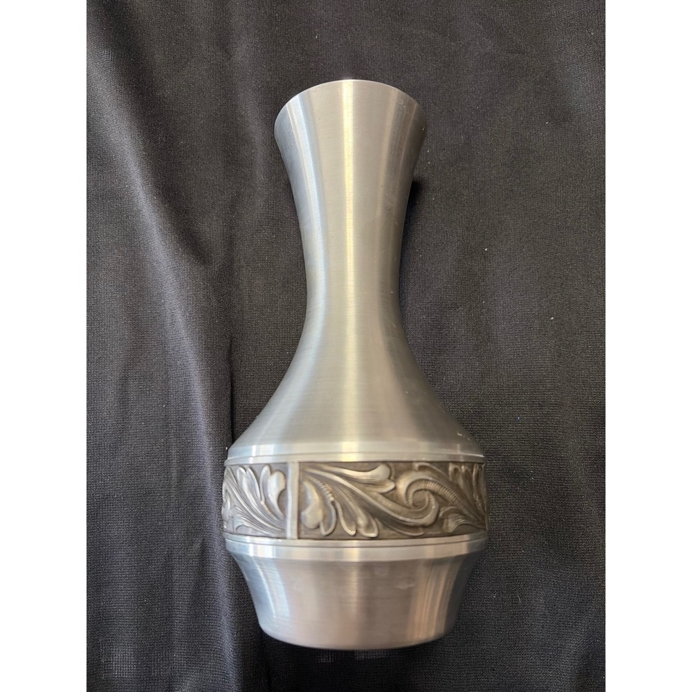 Vintage Norwegian Pewter Trumpet Bud Vase Floral Band Acanthus Leaf Scroll